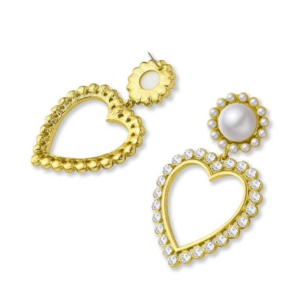 Heart Large Pearl Simulated Diamonds Drop Earrings 18k Gold Plated - Picture 4 of 6
